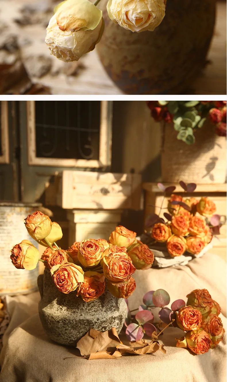 10'' Silk Artificial Vintage Roses – Real Touch Lifelike Flowers for Home Table Decorations (6 Heads/Branch)