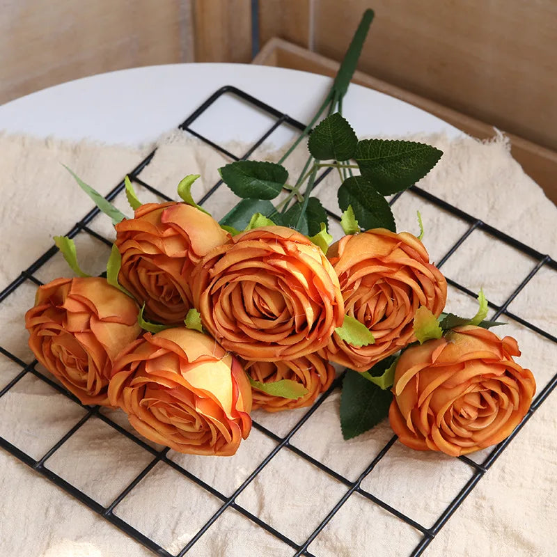 Silk Artificial Rose Bouquet – 7-Head Caramel Roses, 4 Color Options for Home Decor & Wedding Decorations