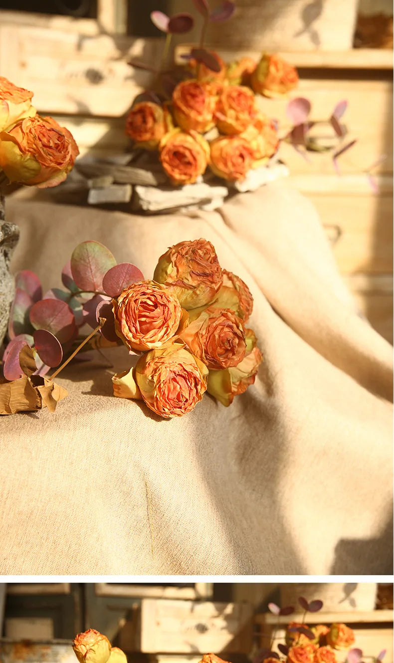 10'' Silk Artificial Vintage Roses – Real Touch Lifelike Flowers for Home Table Decorations (6 Heads/Branch)