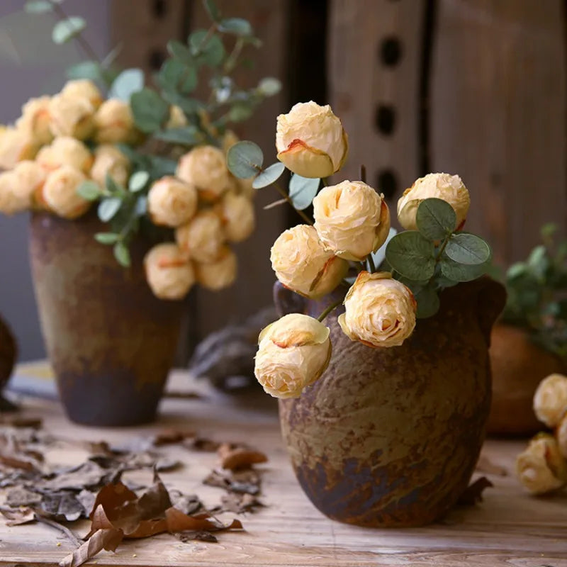 10'' Silk Artificial Vintage Roses – Real Touch Lifelike Flowers for Home Table Decorations (6 Heads/Branch)