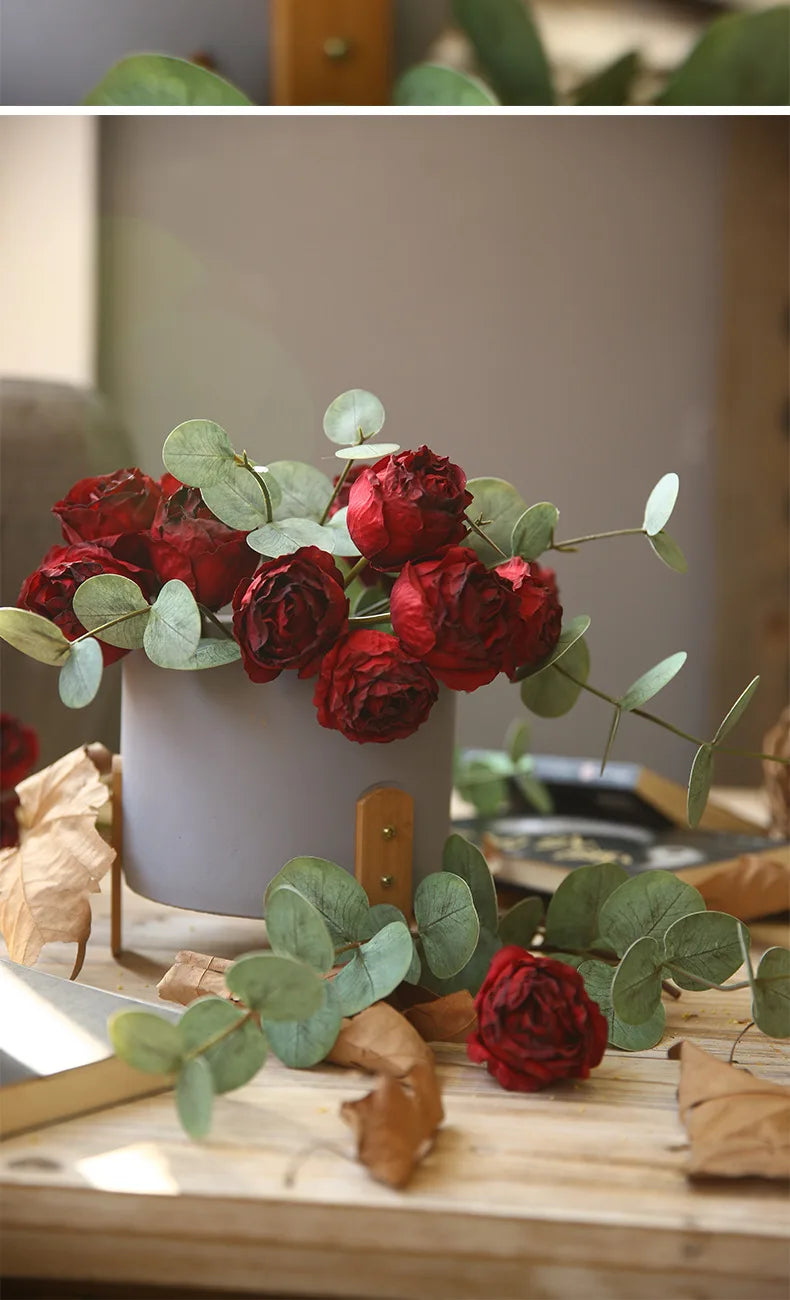 10'' Silk Artificial Vintage Roses – Real Touch Lifelike Flowers for Home Table Decorations (6 Heads/Branch)
