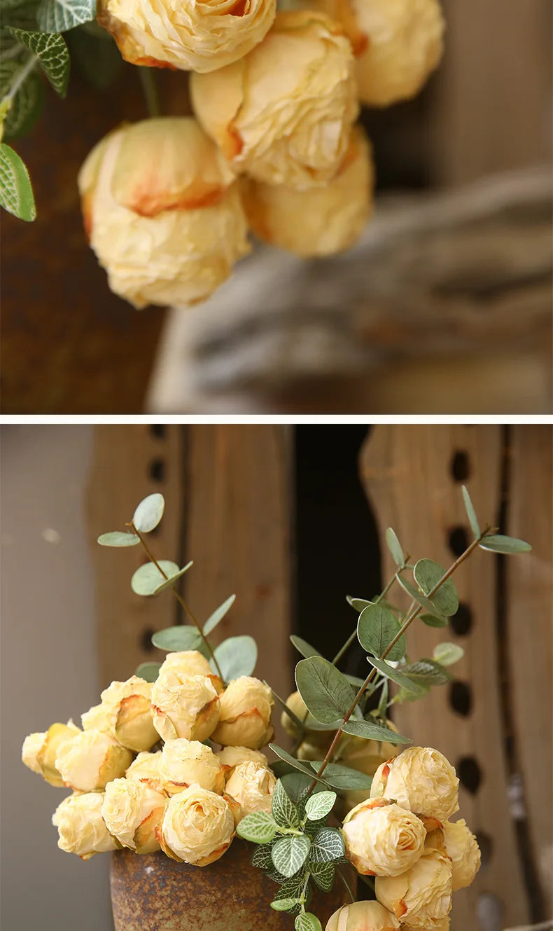 10'' Silk Artificial Vintage Roses – Real Touch Lifelike Flowers for Home Table Decorations (6 Heads/Branch)