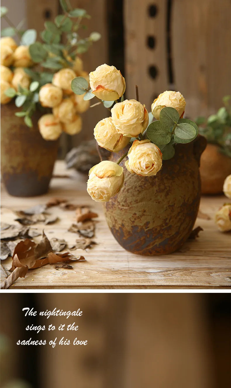 10'' Silk Artificial Vintage Roses – Real Touch Lifelike Flowers for Home Table Decorations (6 Heads/Branch)