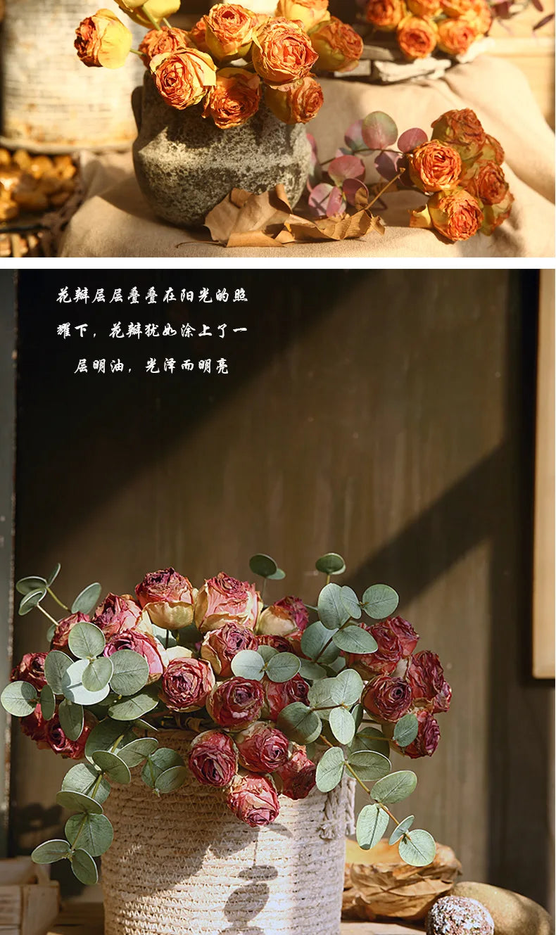 10'' Silk Artificial Vintage Roses – Real Touch Lifelike Flowers for Home Table Decorations (6 Heads/Branch)