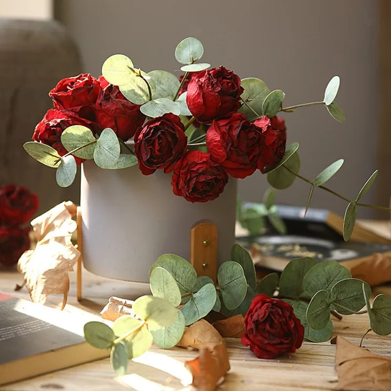 10'' Silk Artificial Vintage Roses – Real Touch Lifelike Flowers for Home Table Decorations (6 Heads/Branch)