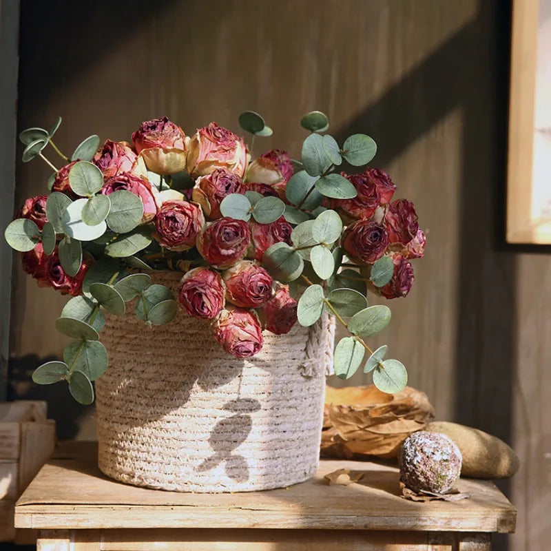 10'' Silk Artificial Vintage Roses – Real Touch Lifelike Flowers for Home Table Decorations (6 Heads/Branch)