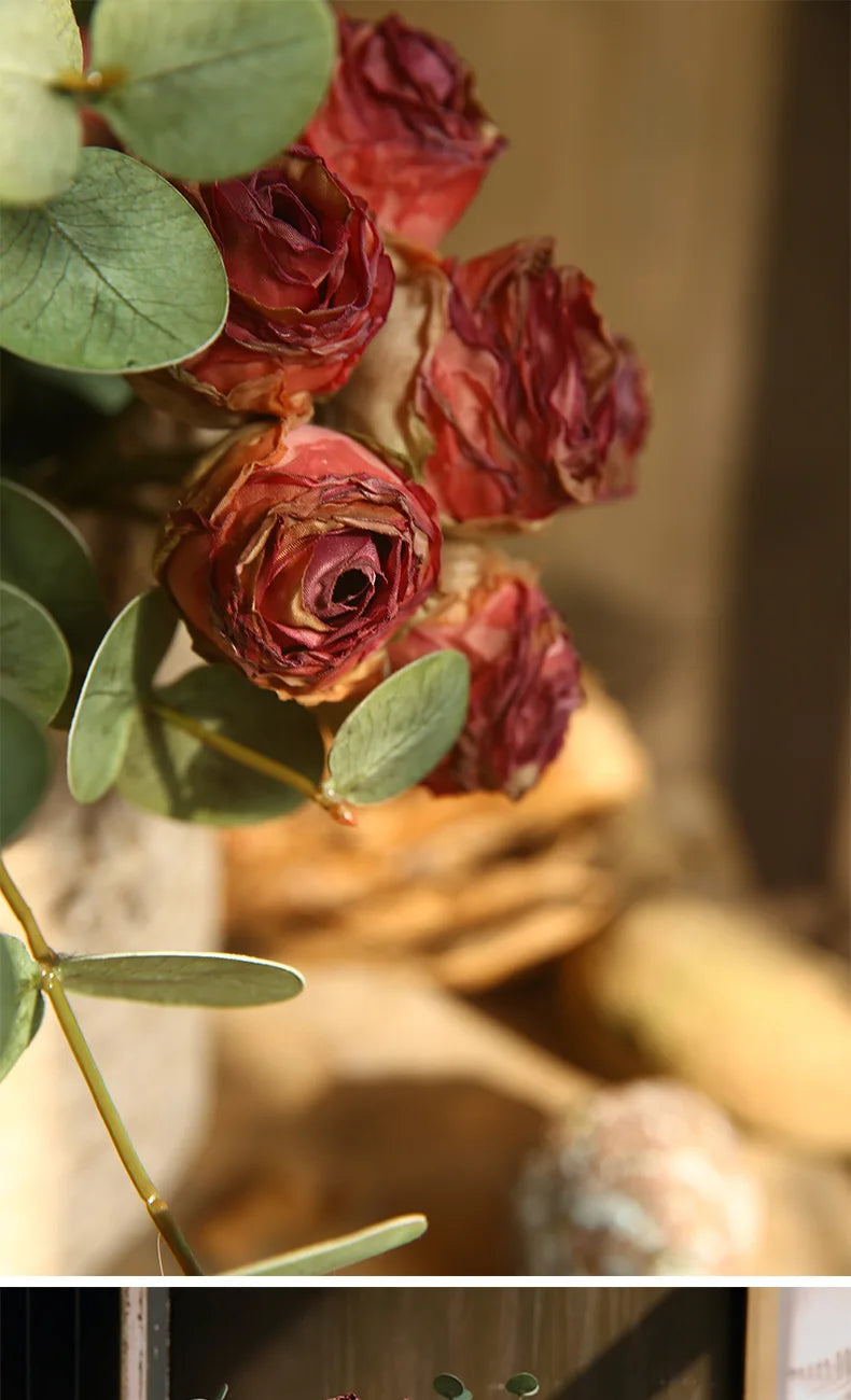 10'' Silk Artificial Vintage Roses – Real Touch Lifelike Flowers for Home Table Decorations (6 Heads/Branch)
