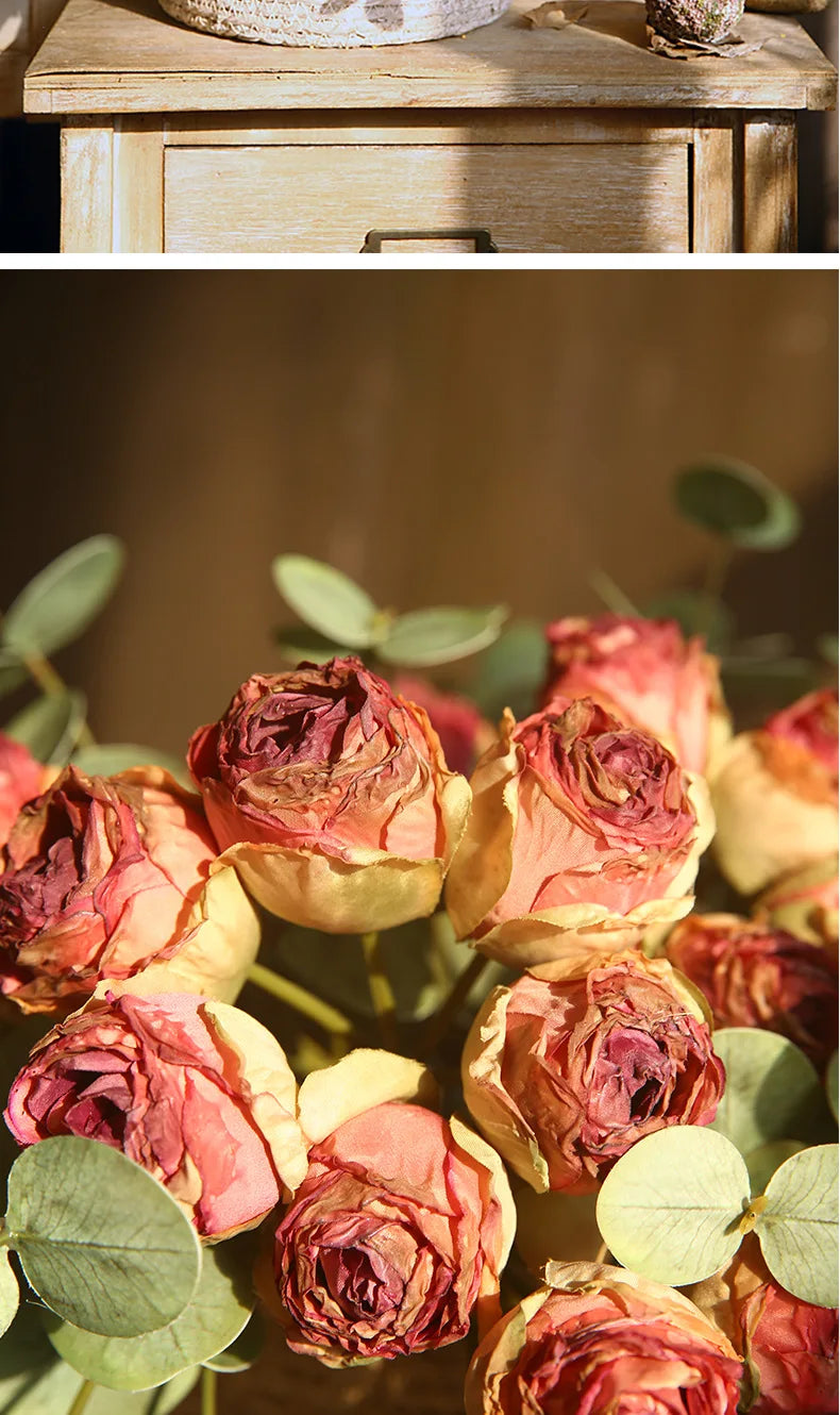 10'' Silk Artificial Vintage Roses – Real Touch Lifelike Flowers for Home Table Decorations (6 Heads/Branch)