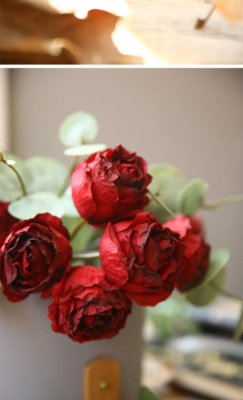 10'' Silk Artificial Vintage Roses – Real Touch Lifelike Flowers for Home Table Decorations (6 Heads/Branch)