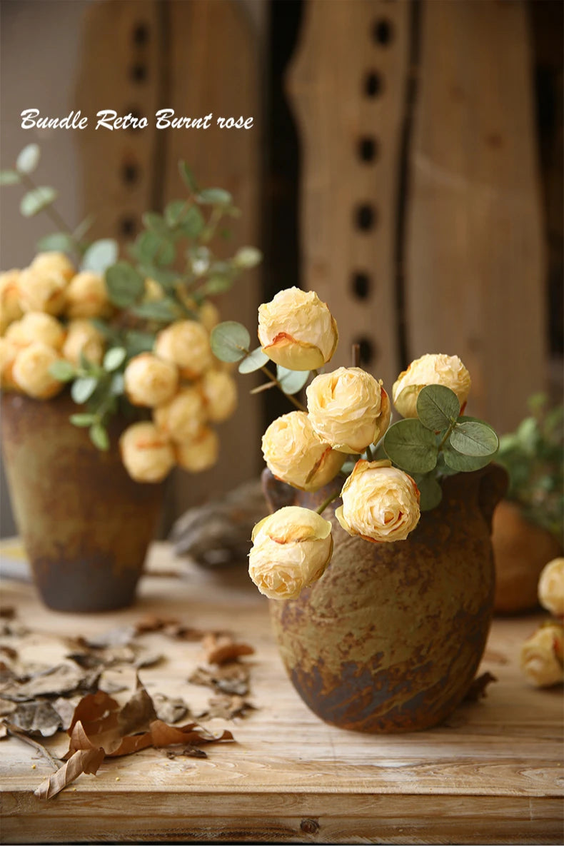 10'' Silk Artificial Vintage Roses – Real Touch Lifelike Flowers for Home Table Decorations (6 Heads/Branch)