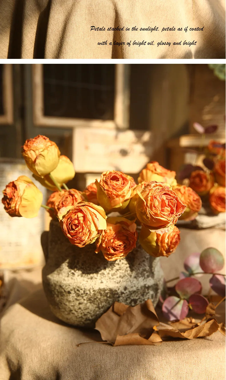 10'' Silk Artificial Vintage Roses – Real Touch Lifelike Flowers for Home Table Decorations (6 Heads/Branch)