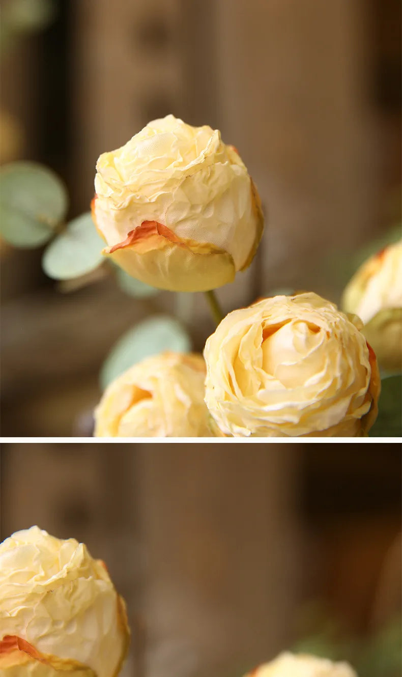 10'' Silk Artificial Vintage Roses – Real Touch Lifelike Flowers for Home Table Decorations (6 Heads/Branch)