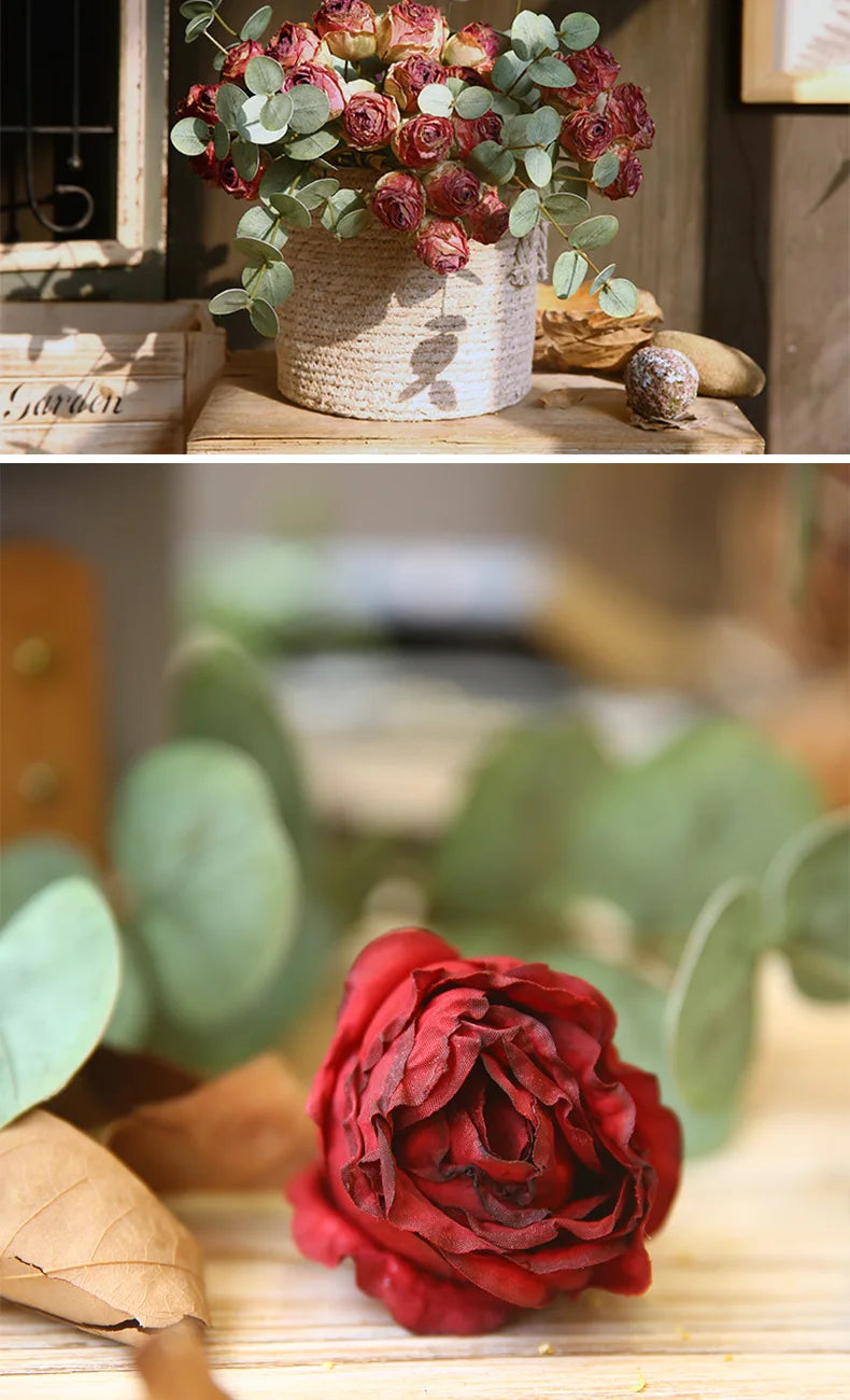 10'' Silk Artificial Vintage Roses – Real Touch Lifelike Flowers for Home Table Decorations (6 Heads/Branch)