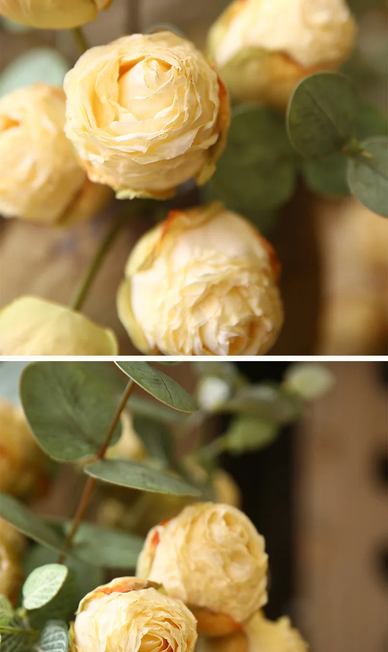 10'' Silk Artificial Vintage Roses – Real Touch Lifelike Flowers for Home Table Decorations (6 Heads/Branch)