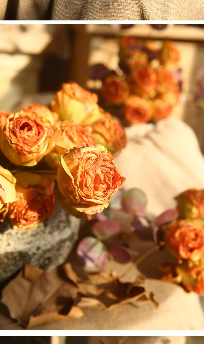10'' Silk Artificial Vintage Roses – Real Touch Lifelike Flowers for Home Table Decorations (6 Heads/Branch)