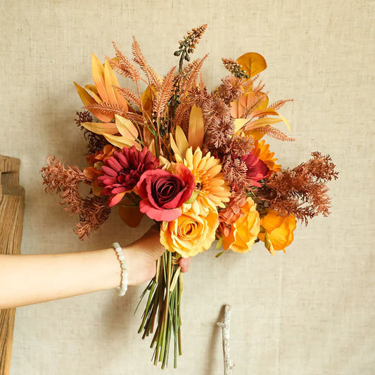 Autumn Silk Rose Bouquet with Maple Leaves & Dandelions – Artificial Flowers for Home, Wedding & Fall Decor