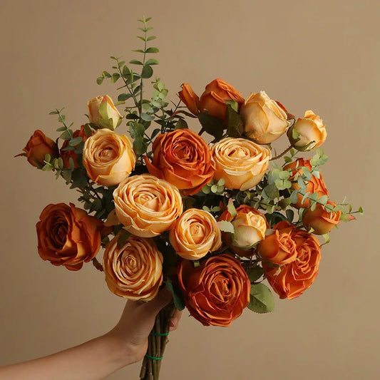 Silk Artificial Rose Bouquet – 7-Head Caramel Roses, 4 Color Options for Home Decor & Wedding Decorations