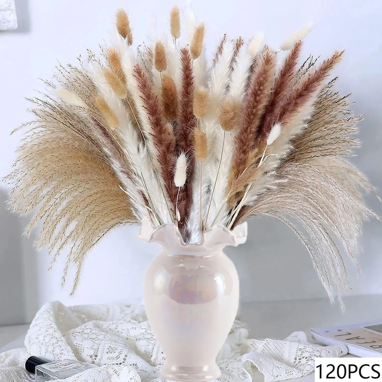 150pcs Natural Pampas Mix Dried Flowers Bouquet – 7 Color Options for Boho Wedding Centerpieces, Home Vase Decor & Bunny Tails