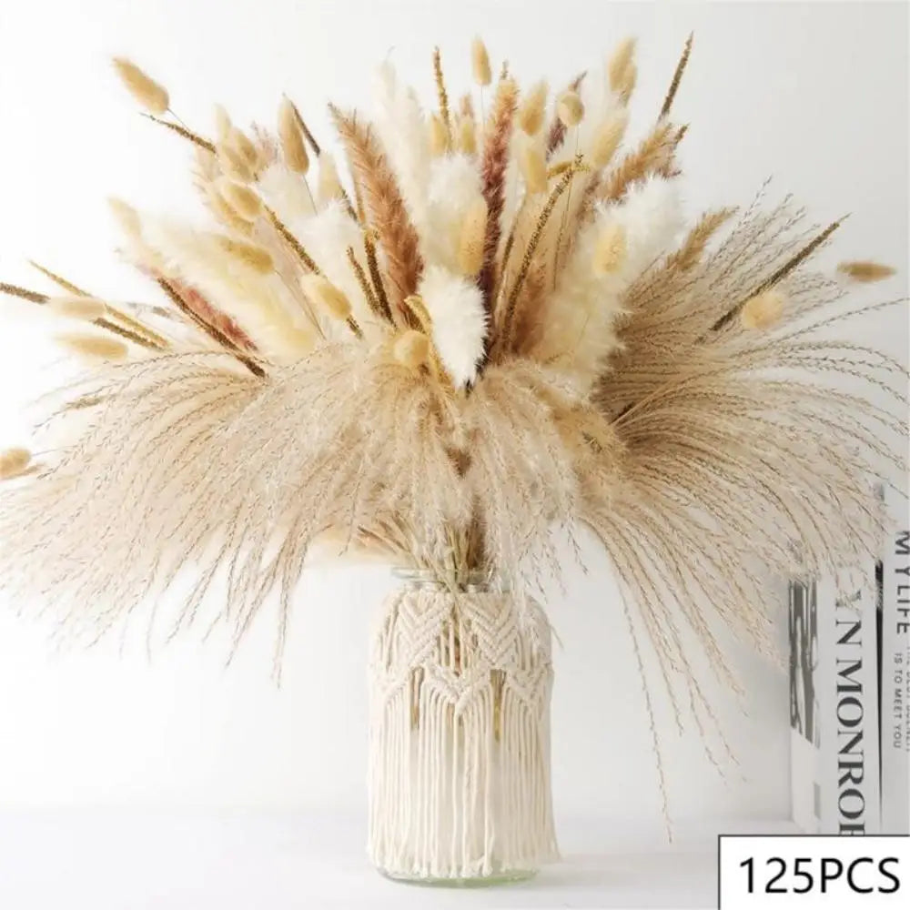 150pcs Natural Pampas Mix Dried Flowers Bouquet – 7 Color Options for Boho Wedding Centerpieces, Home Vase Decor & Bunny Tails