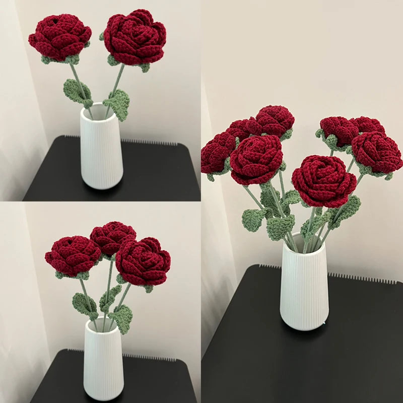 1pc Modern Elegance Knitted Rose – Single Artificial Flower for Home Decoration, Dining Table & Wedding Bouquets