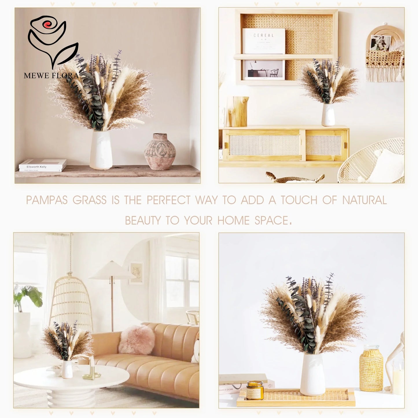 Dried Pampas Grass Bouquet – 5 Color Options for Boho Rustic Home Decor, Table Vase & Farmhouse Floral Arrangements