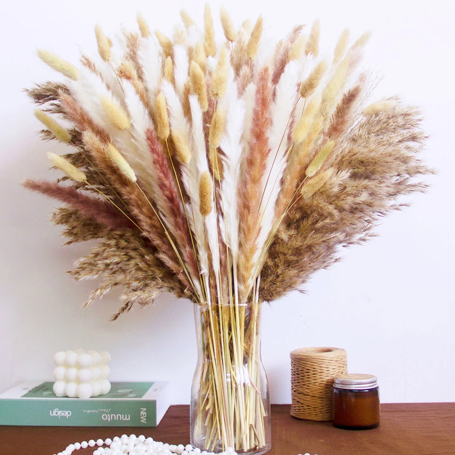 150pcs Natural Pampas Mix Dried Flowers Bouquet – 7 Color Options for Boho Wedding Centerpieces, Home Vase Decor & Bunny Tails