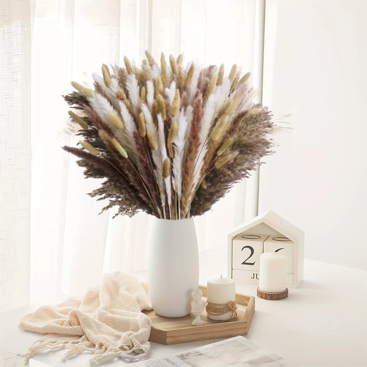 150pcs Natural Pampas Mix Dried Flowers Bouquet – 7 Color Options for Boho Wedding Centerpieces, Home Vase Decor & Bunny Tails