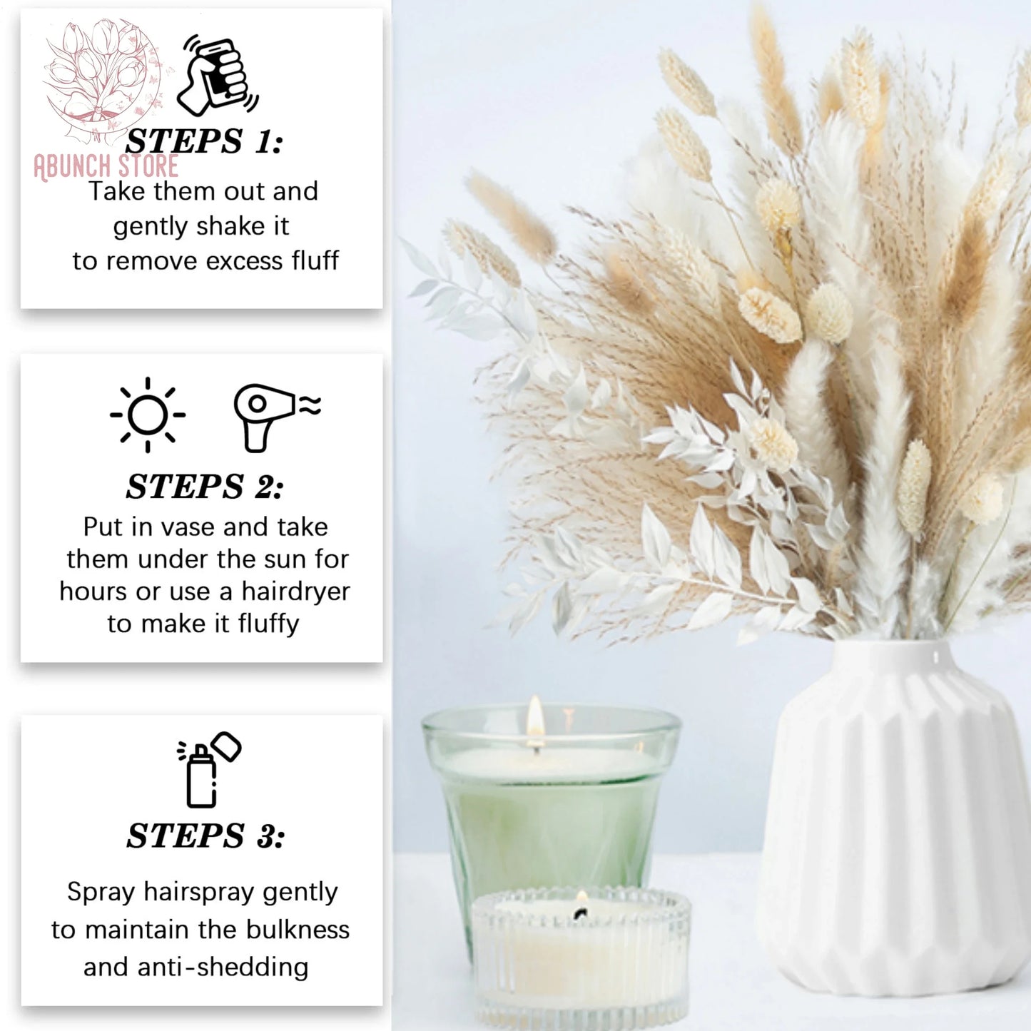 Natural Dried Pampas Grass Bouquet – 8 Style Options for Boho Home, Wedding Decor, Bunny Tails & Vase Arrangements