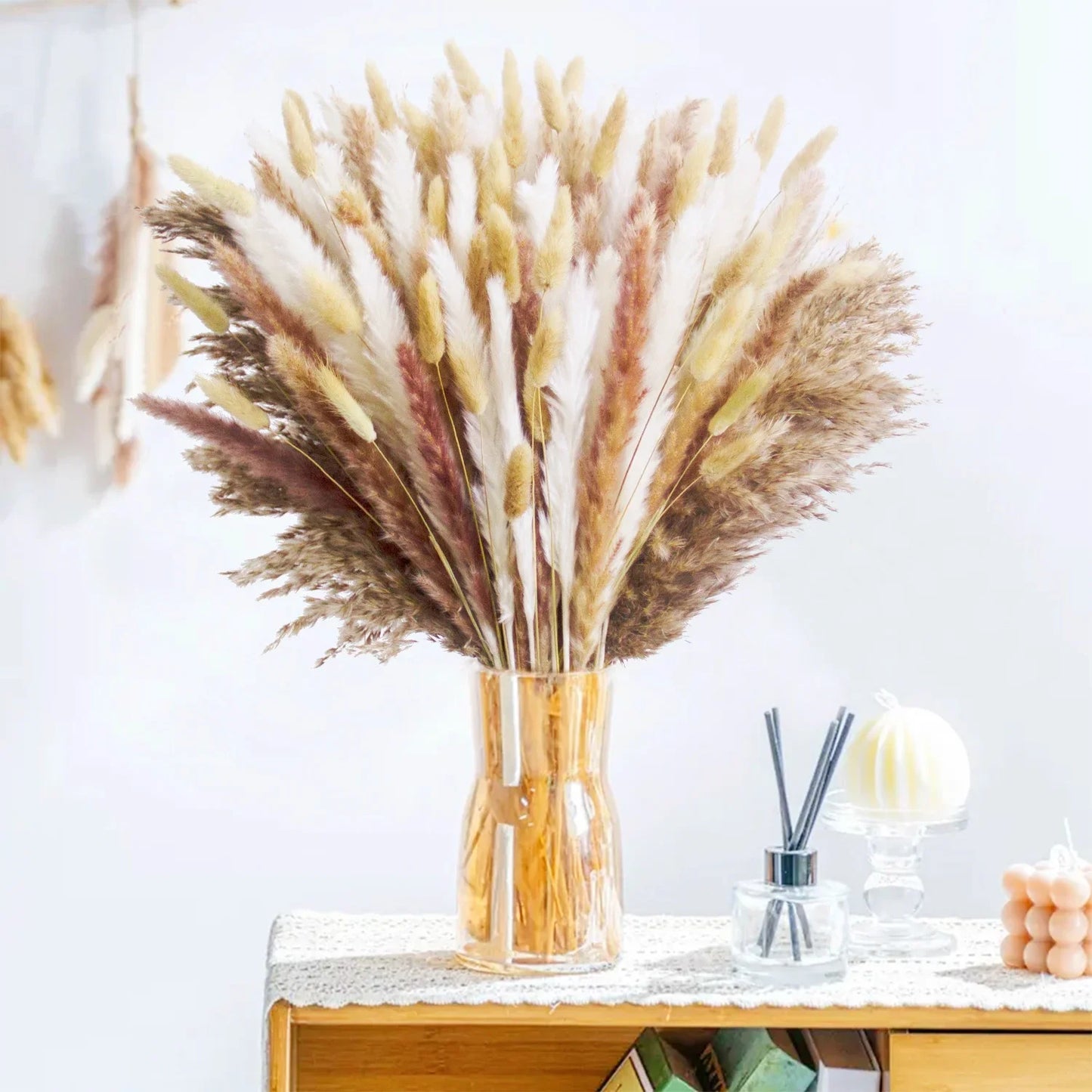 150pcs Natural Pampas Mix Dried Flowers Bouquet – 7 Color Options for Boho Wedding Centerpieces, Home Vase Decor & Bunny Tails