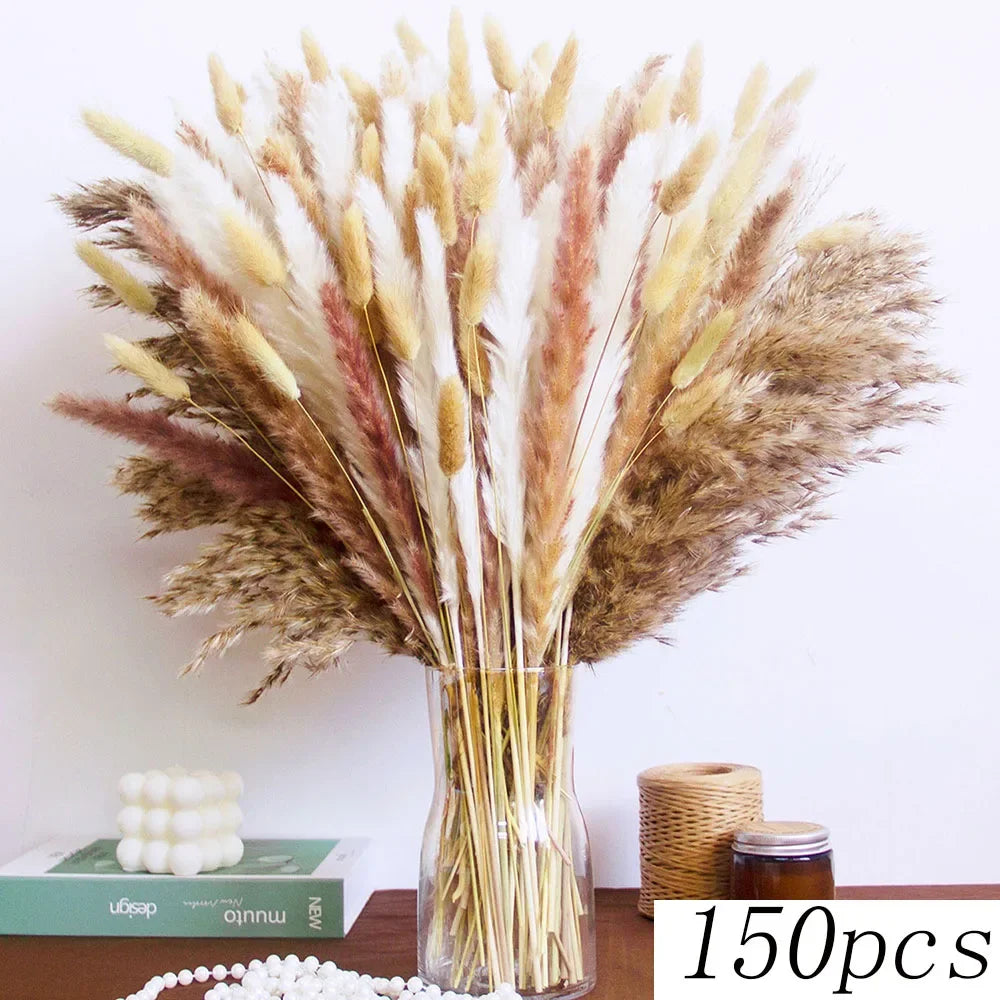 150pcs Natural Pampas Mix Dried Flowers Bouquet – 7 Color Options for Boho Wedding Centerpieces, Home Vase Decor & Bunny Tails