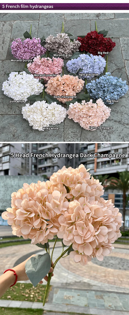 5 Heads Artificial Silk Hydrangea Bouquet, 17 Color Options for DIY Home Decor, Bridal Bouquets, Wedding & Party Arrangements