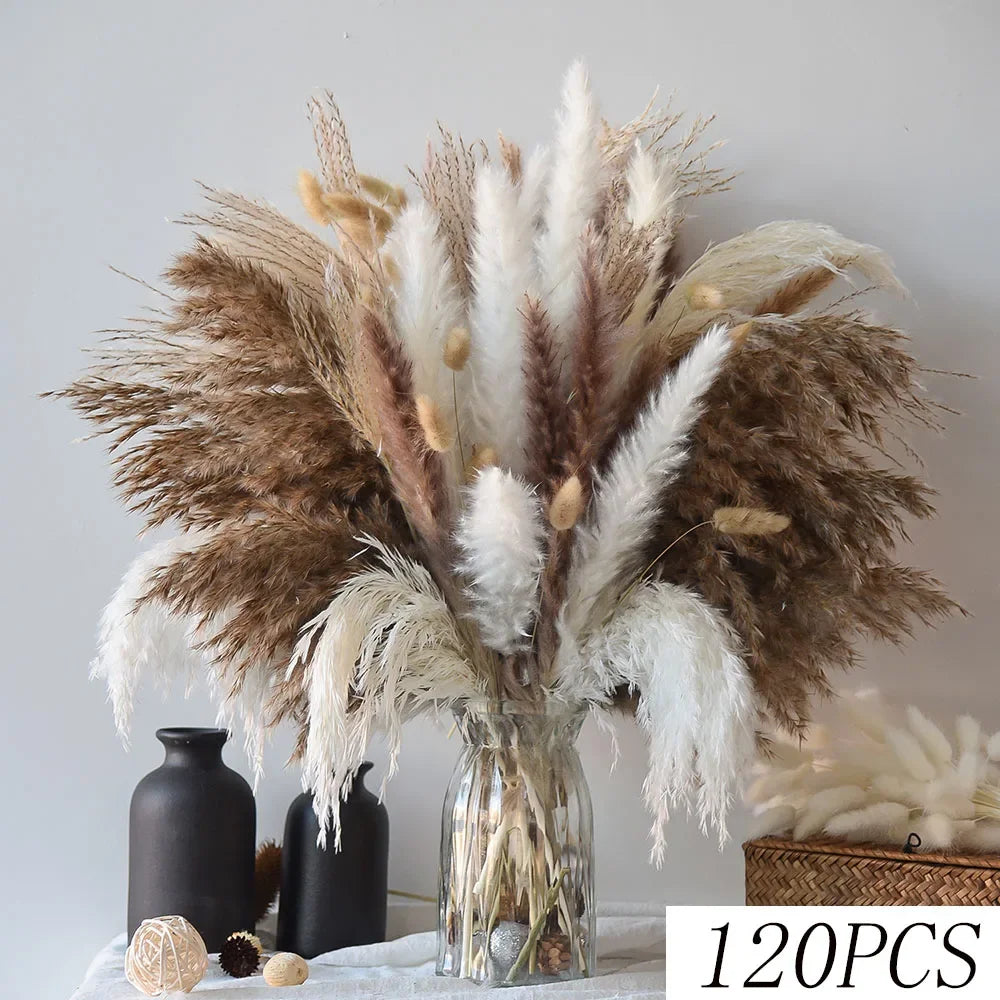 150pcs Natural Pampas Mix Dried Flowers Bouquet – 7 Color Options for Boho Wedding Centerpieces, Home Vase Decor & Bunny Tails