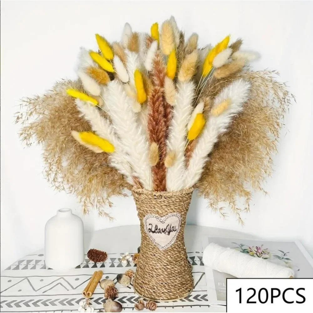 150pcs Natural Pampas Mix Dried Flowers Bouquet – 7 Color Options for Boho Wedding Centerpieces, Home Vase Decor & Bunny Tails