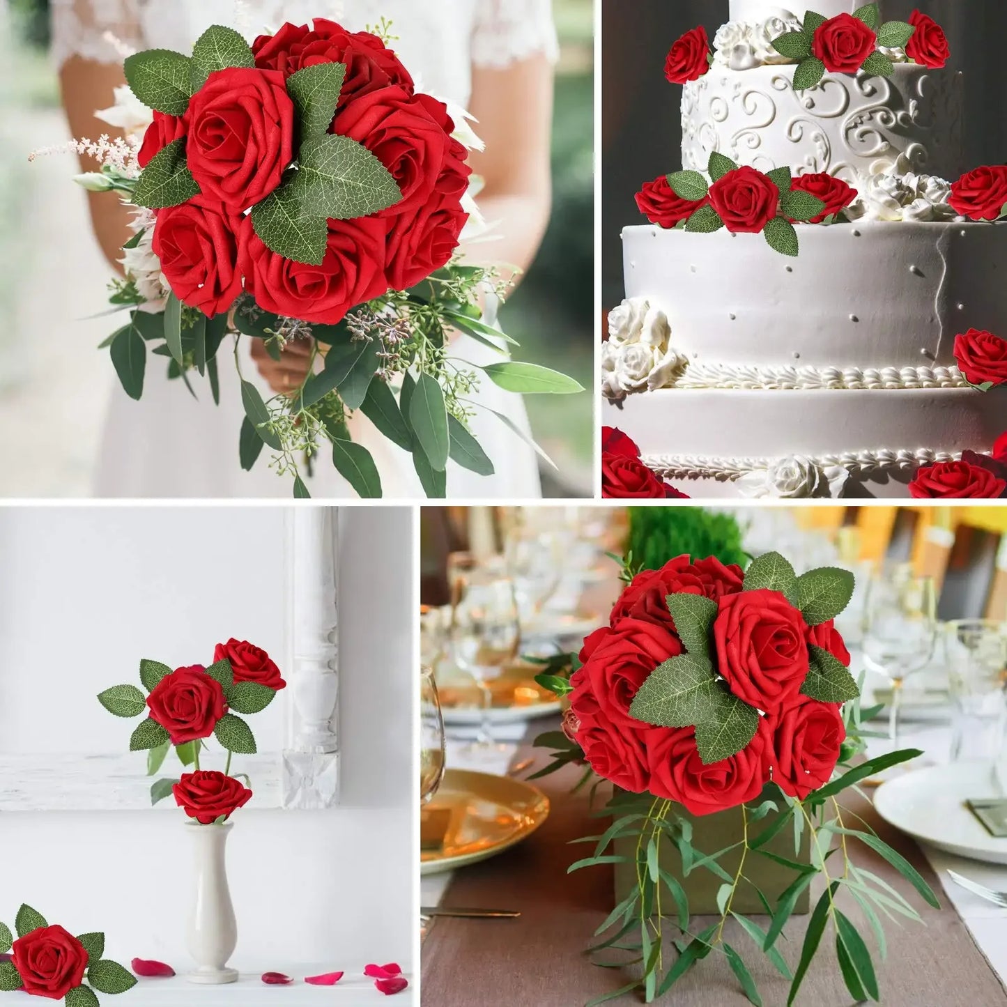 20/10pcs Artificial Red Roses with Stems – Real-Looking Fake Flowers for DIY Wedding Bouquets, Party, Christmas & Home Decor (5 Color Options)